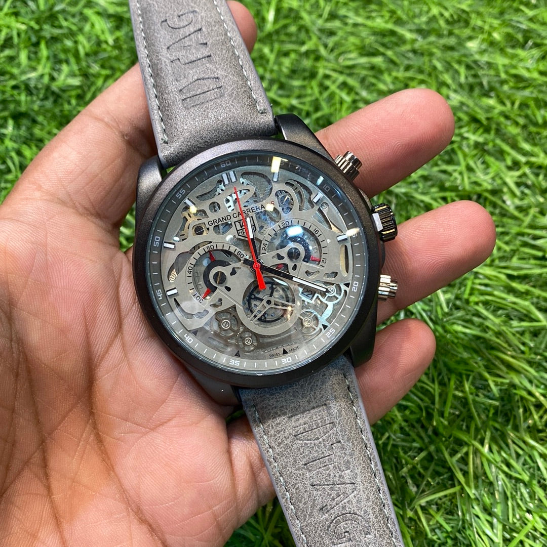 Grey Leather Strap Black Ring Grey Dial Chronograph Working Men’s Watch 401169