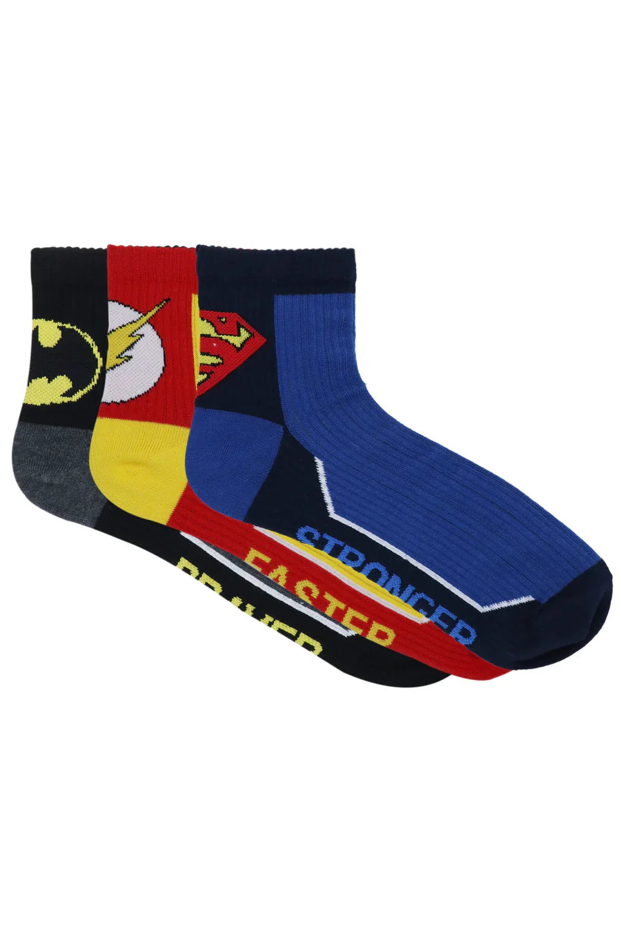 JUSTICE LEAGUE MEN'S COTTON HIGH ANKLE SPORTS RIB SOCKS - SUPERMAN,BATMAN,FLASH - (PACK OF 3 PAIRS/1U)