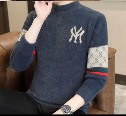 CUG YN NY Grey Colour With Brown Print Turtleneck Sweater Unisex Sweater 19345