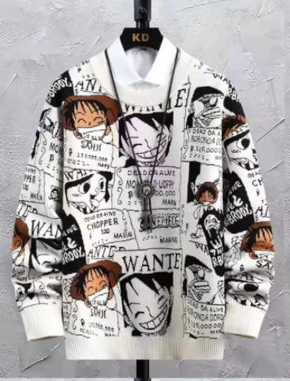 White Colour With Anime Print Premium Quality Oversized Unisex Sweater 93315