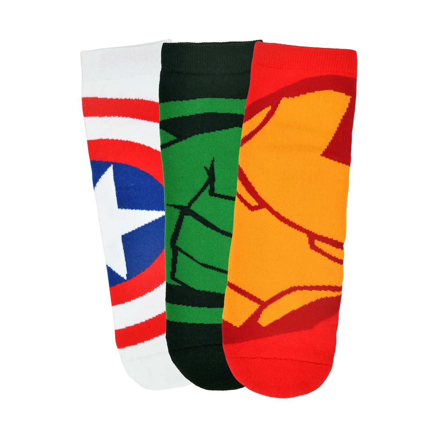 BALENZIA X MARVEL IRON MAN,CAPTAIN AMERICA & HULK HIGH ANKLE LENGTH SOCKS FOR MEN-(PACK OF 3 PAIRS/1U)(FREE SIZE)WHITE,RED,GREEN