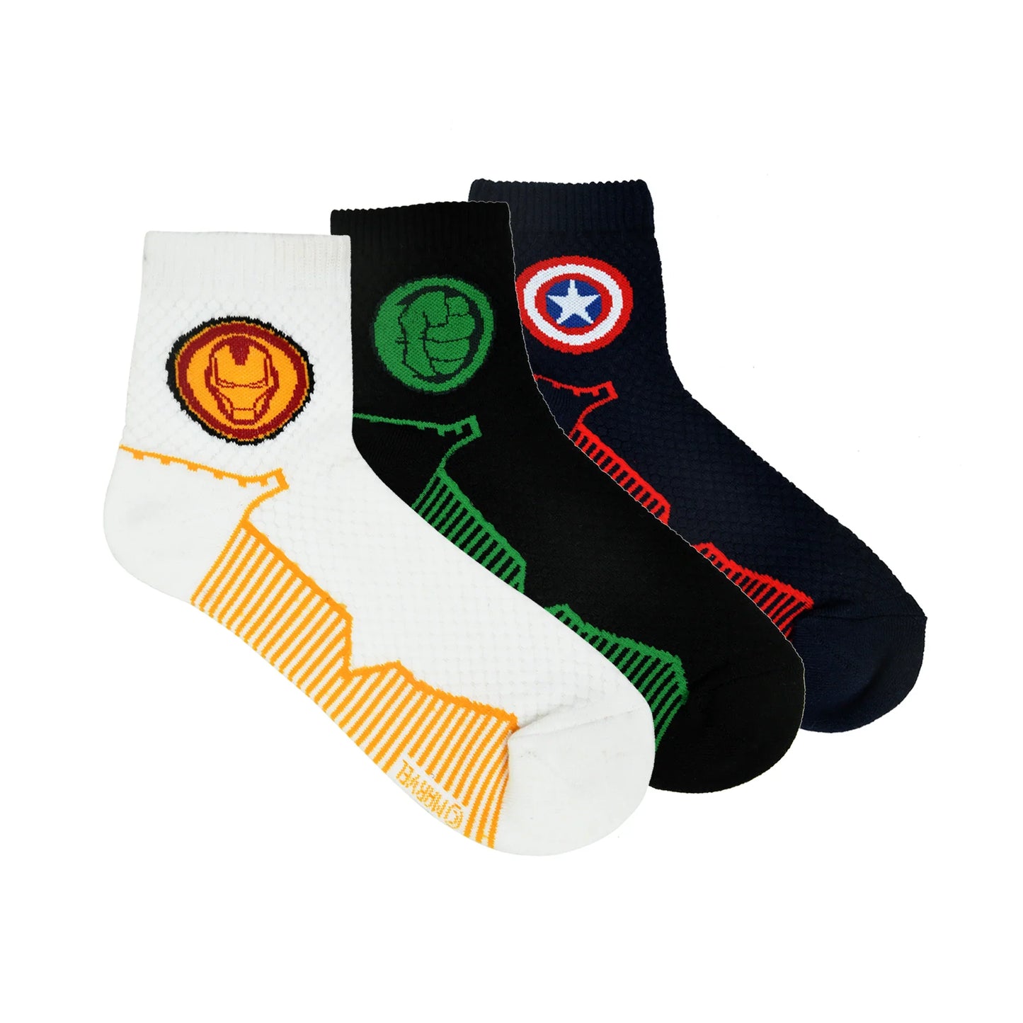 BALENZIA X MARVEL IRON MAN,CAPTAIN AMERICA & HULK LOGO HIGH ANKLE HALF CUSHIONED SPORTS SOCKS FOR MEN-(PACK OF 3 PAIRS/1U)(FREE SIZE)WHITE,GREEN,NAVY Your Cart Subtotal