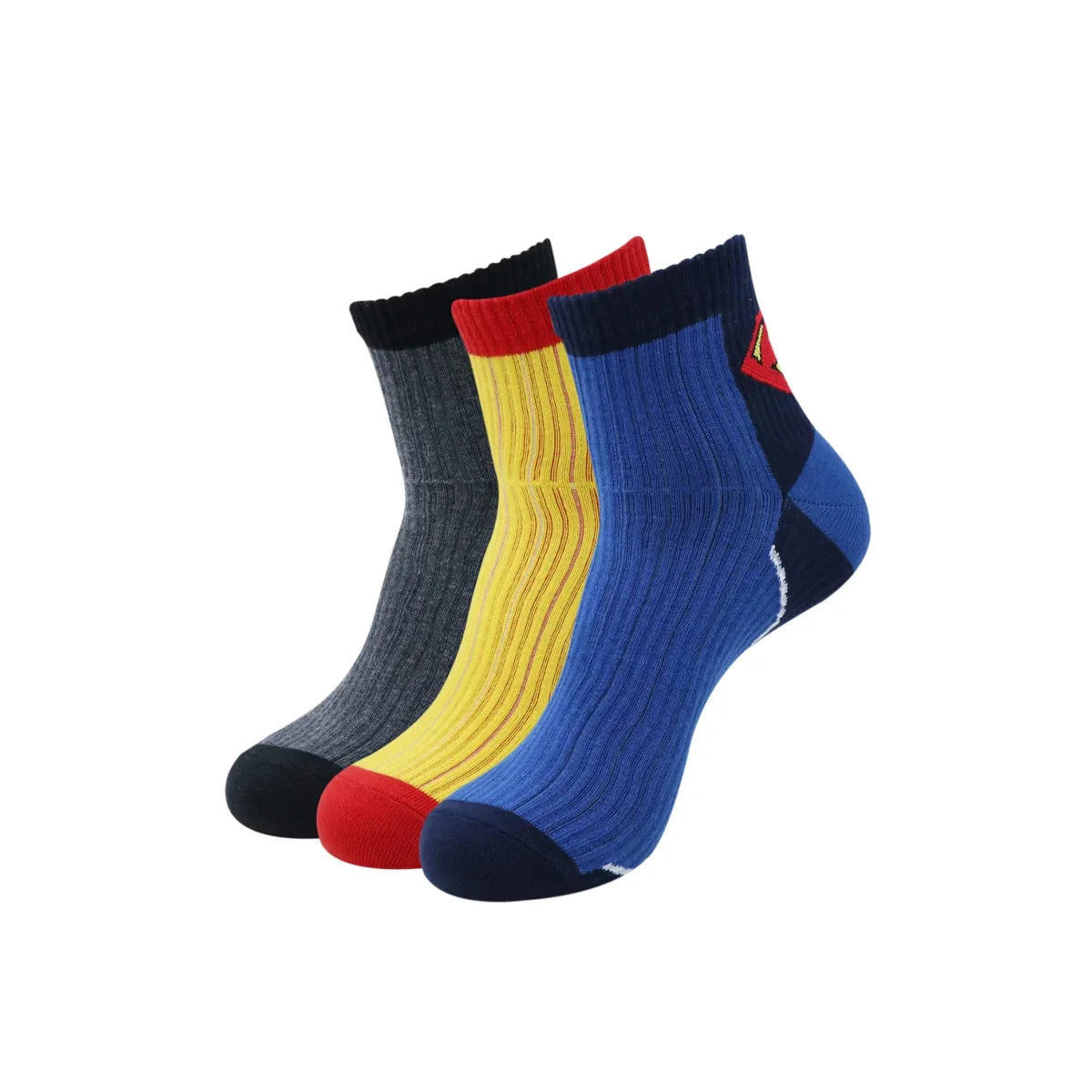 JUSTICE LEAGUE MEN'S COTTON HIGH ANKLE SPORTS RIB SOCKS - SUPERMAN,BATMAN,FLASH - (PACK OF 3 PAIRS/1U)