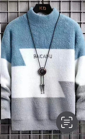 BAICAIYU Blue White Grey Colour with front Baicaiyu Print Speckled Pullover with Ribbed Hems Sweater 12574