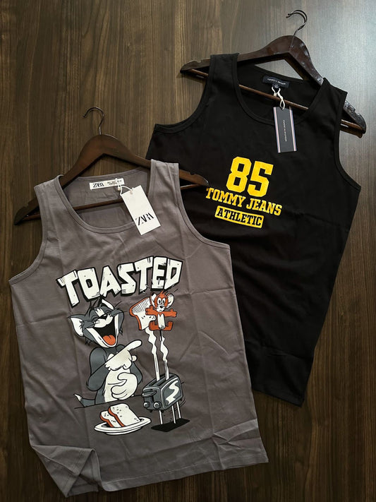 ZR Grey Colour With Front Print Cotton Sando 65684