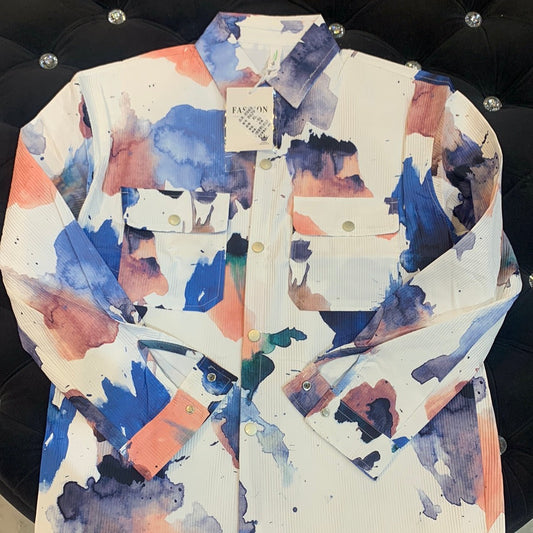 Unique Design White Blue Orange Green Colour Printed Full Sleeve Shacket 8629