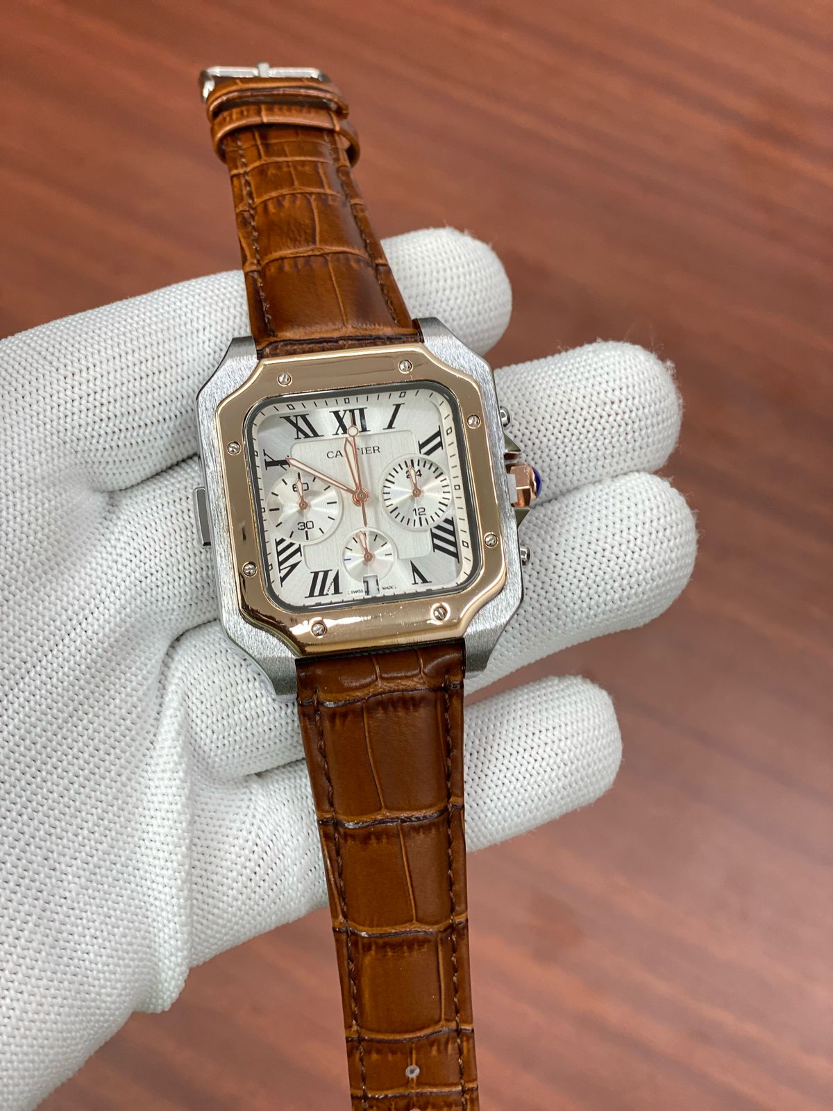 RAC CAR Brown Leather Strap Silver Copper Square Dial Men Watch 880024