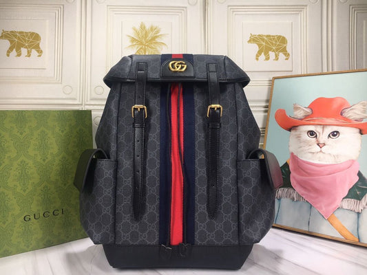 Cug Black Colour Gg Print Blue Red Strip Unisex Backpack 60428