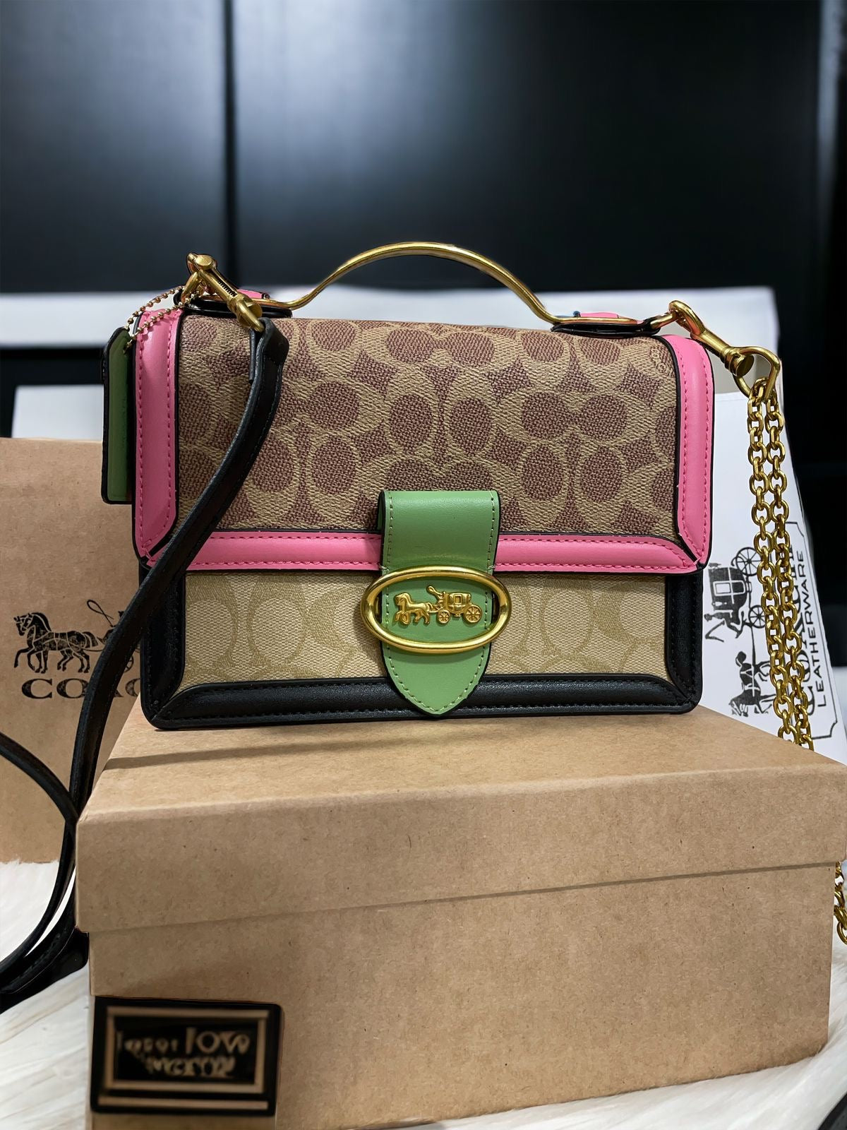 Coa Aoc Beige Black Green Pink Golden Handle Ladies Hand Sling Bag 8943