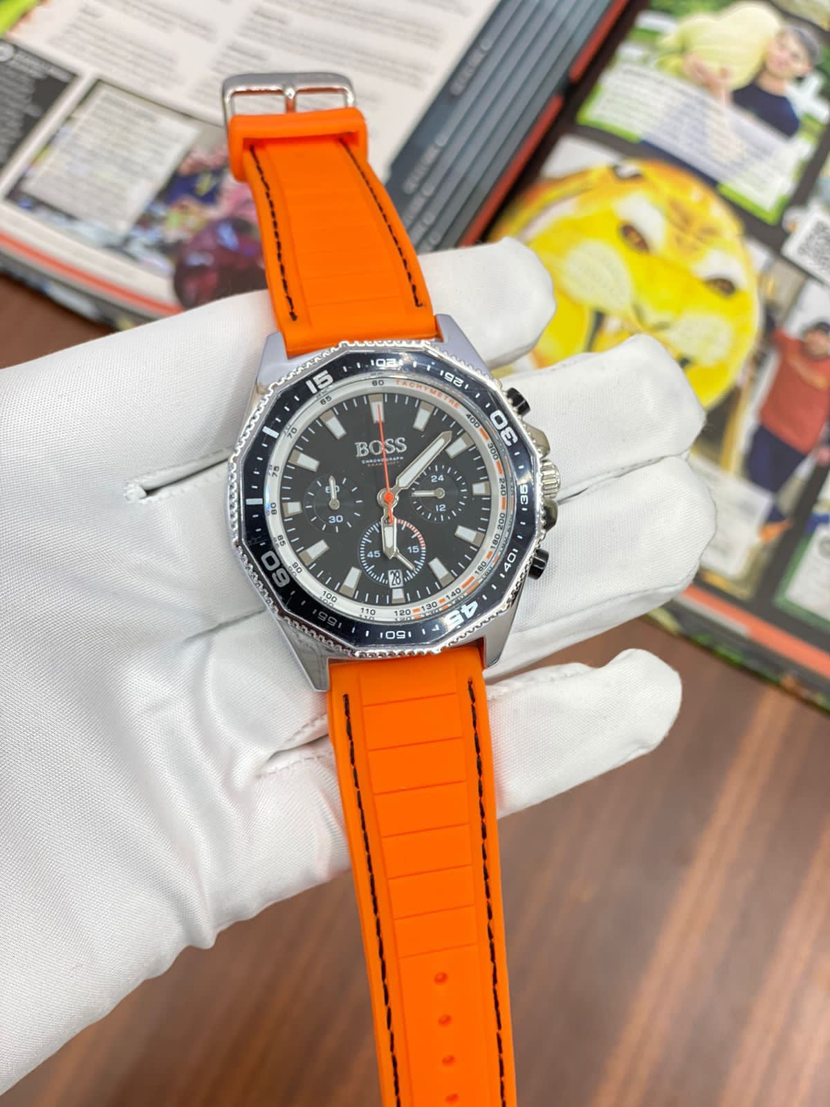 Sob Orange Strap Black Ring Black Dial Chronograph Working Men Watch 901517