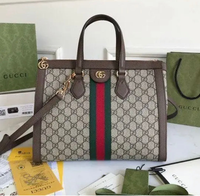 Cug Brown Colour With Green red Stripes Small Ladies Tote Bag 3019