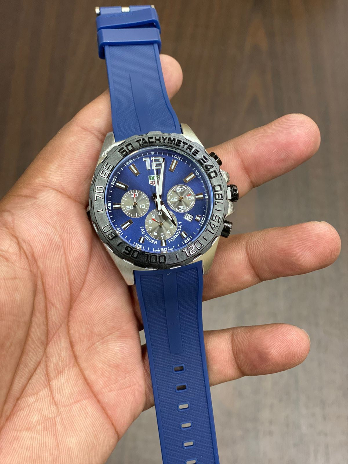 Gat Blue Slicon Strap Black Ring Blue Dial Chronograph Working Men Watch 901520