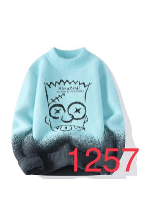 King Zeyi Sky Blue Grey Colour with front Simpsons Speckled Pullover with Ribbed Hems Sweater 12571