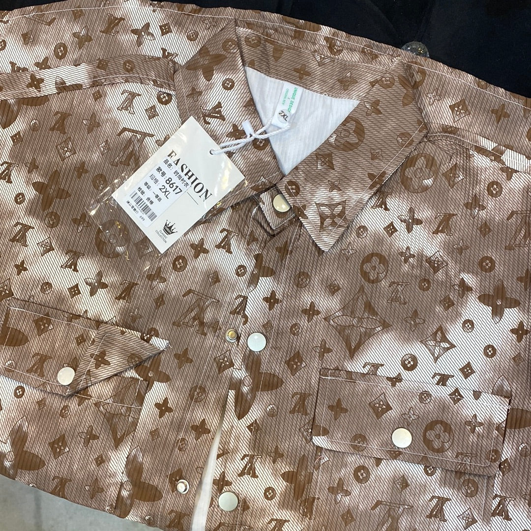 VL UOL Brown White Colour VL Print Full Sleeve Shacket Shirt 8617
