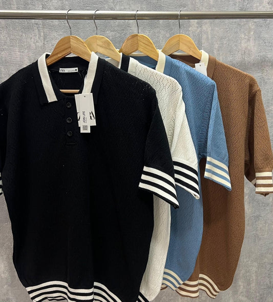 ZR Brown Colour With Plain Knitted Design Half Sleeve Collar Tshirt 34004