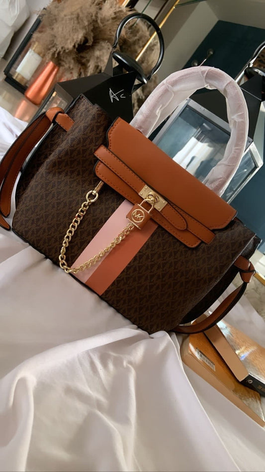 KM CIM Tan Brown Colour With Brown Pink Strips Design Premium Quality Small Ladies Handbag Ladies Bag 436391