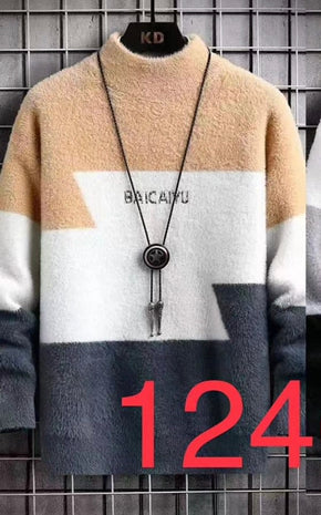 BAICAIYU Beige White Grey Colour with front Baicaiyu Print Speckled Pullover with Ribbed Hems Sweater 12575
