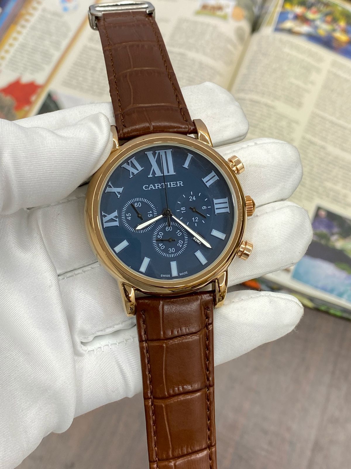 Rac Brown Strap Blue Dial Copper Ring Chrono Working Men Watch 901783