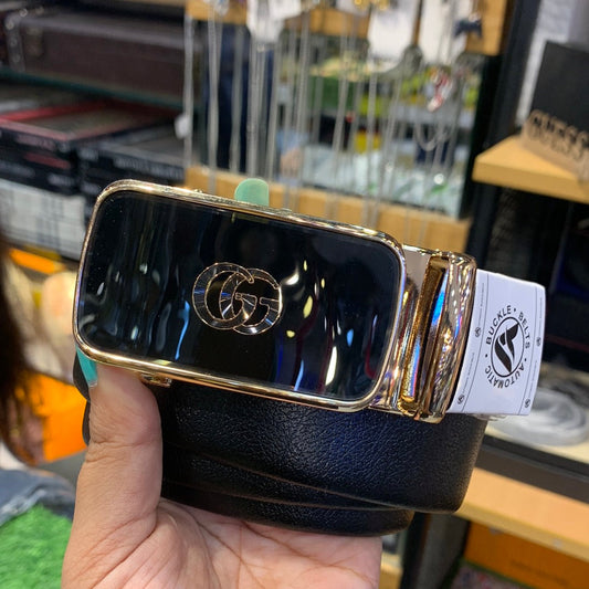 Cug Black Colour Black Gold Buckle Copper Logo Genuine Leather Belt Automatic Buckle 64616