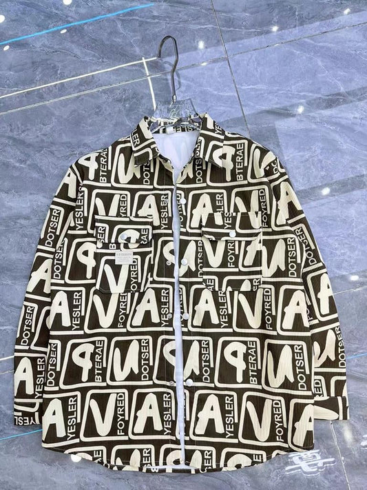 Unique Design Beige Brown Colour Word Art Print Full Sleeve Shacket T608