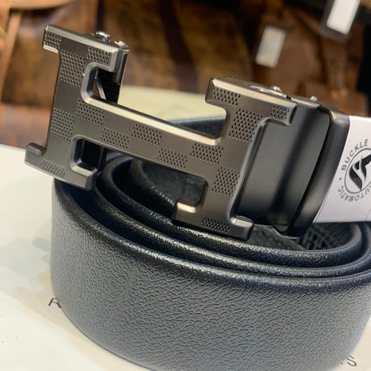 Reh Black Colour Black Buckle Silver Logo Genuine Leather Belt Automatic Buckle 64599