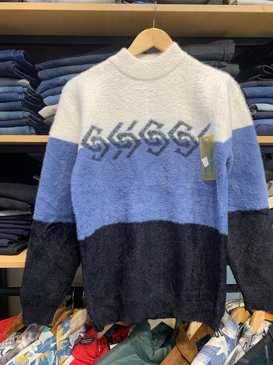 White Blue Black Colour with Print Speckled Pullover with Ribbed Hems Sweater 12579