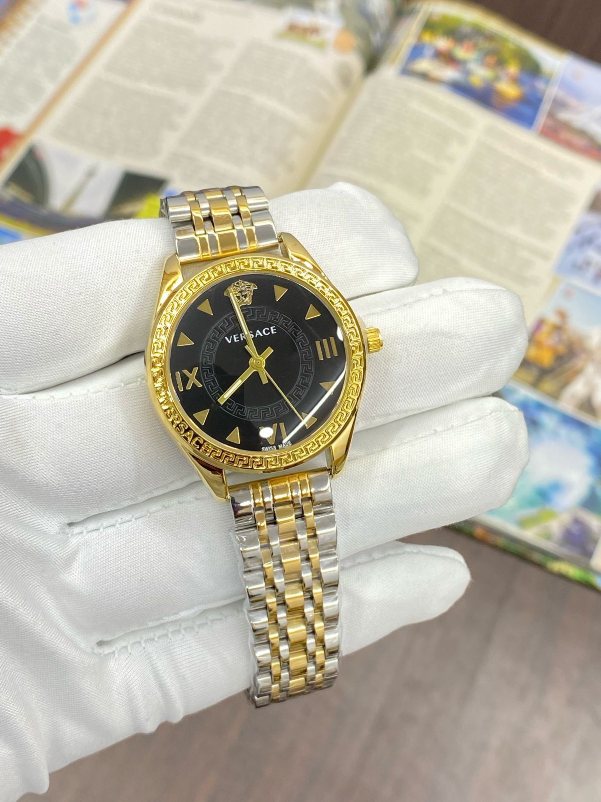 Rev Silver Gold Chain Black Dial Ladies Watch 901798