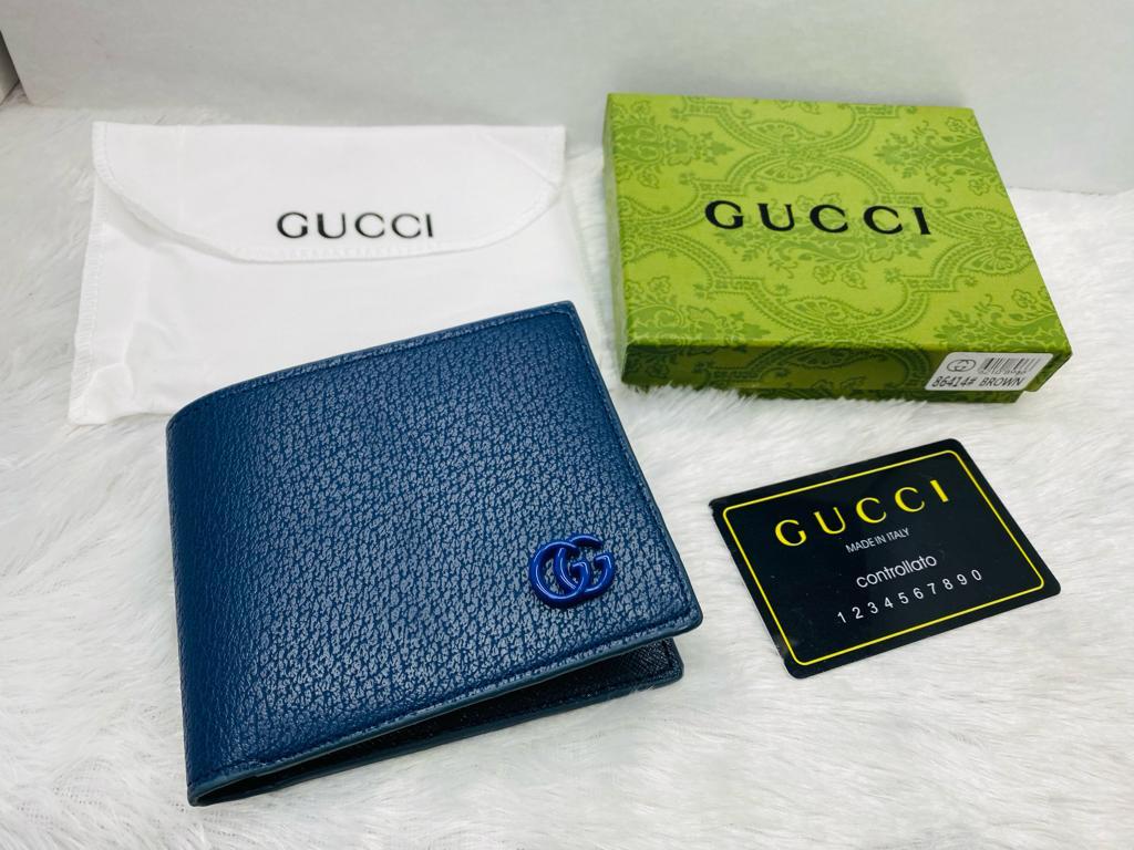 GUC CUG Branded Luxury Italian Leather Blue Colour Grey GG Logo Print Wallet 86311