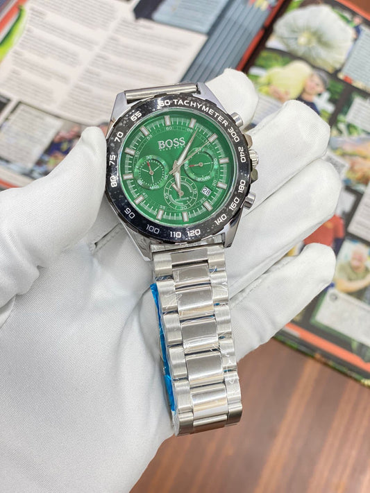Sob Silver Chain Black Ring Green Dial Chronograph Working Men Watch 901516