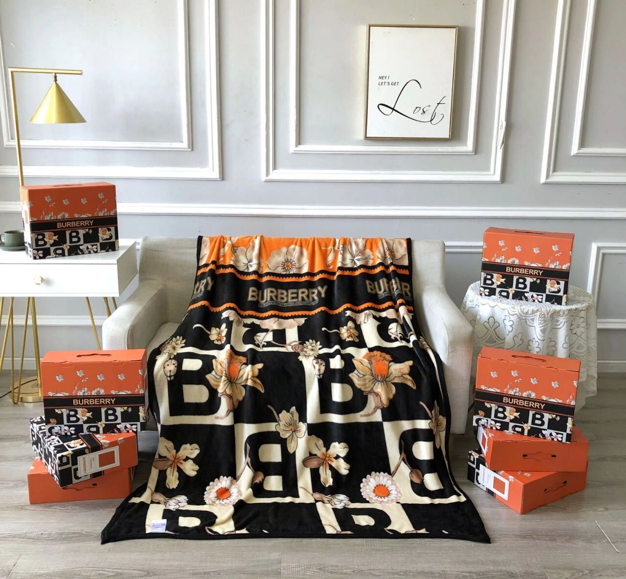 Rub Black Orange Colour Bb Flower Print Ac Blanket 991009