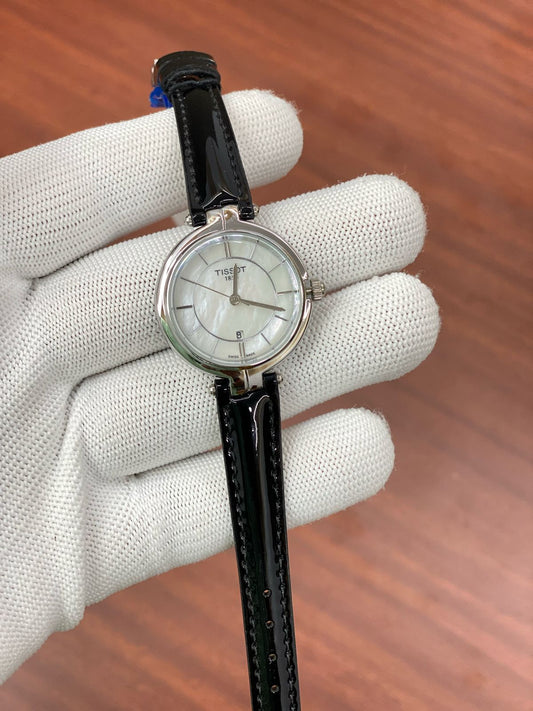 SIT TIS Black Leather Strap Silver Ring White Dial Ladies Watch 880020