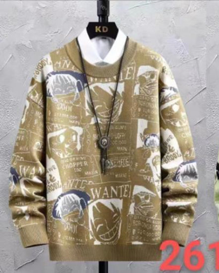 Beige Colour With Anime Print Premium Quality Oversized Unisex Sweater 93314