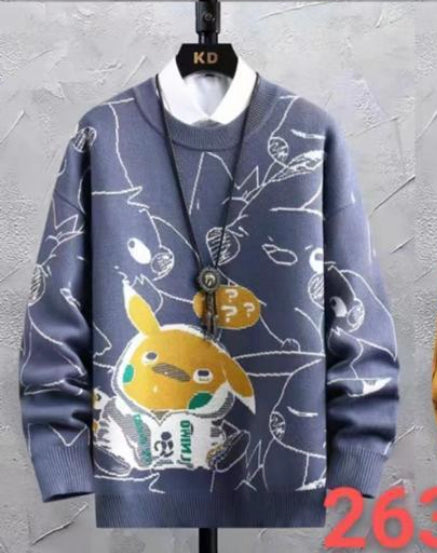 Blue Colour With Pikachu Print Premium Quality Oversized Unisex Sweater 93313