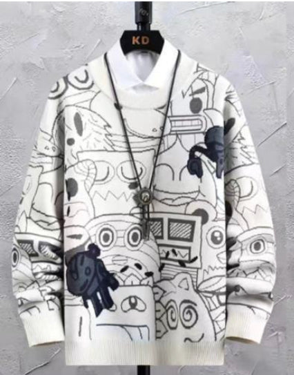 White Colour With Cartoon Print Premium Quality Oversized Unisex Sweater 93316