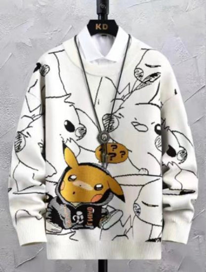 White Colour With Pikachu Print Premium Quality Oversized Unisex Sweater 93312