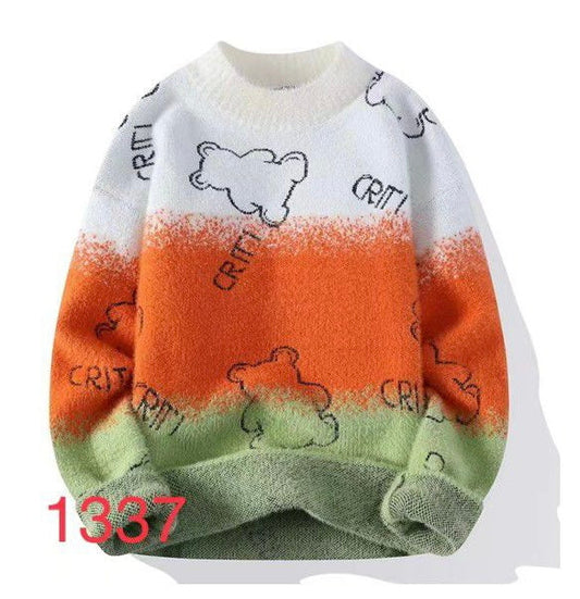 CRITI White Grey Orange Colour Bear Print Winter Men's Sweater Korean Fashion Unisex Sweater 19333