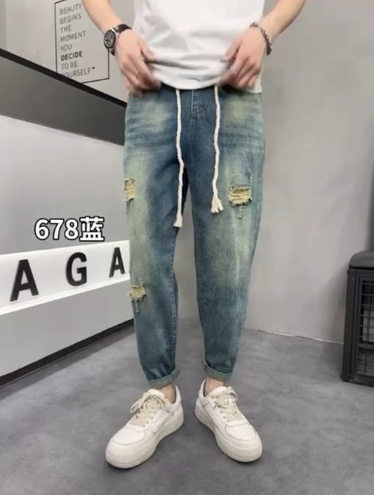 BAIXEGAE Sky Blue Green Wash Colour With Front Star Print Premium Quality Korean Style Denim Jeans 678
