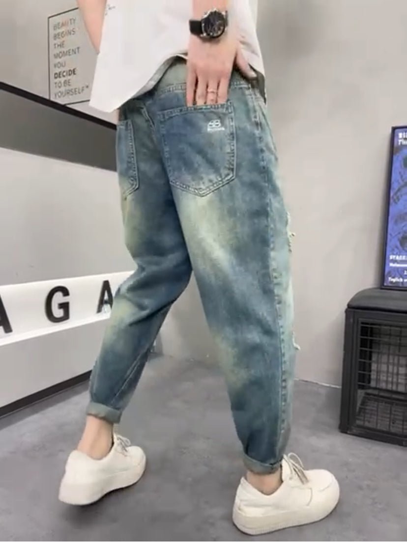 BAIXEGAE Sky Blue Green Wash Colour With Front Star Print Premium Quality Korean Style Denim Jeans 678