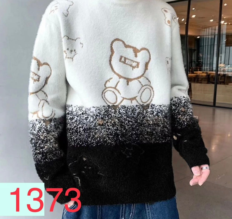 Attila King White Black Colour Bear Print Winter Men's Sweater Korean Fashion Unisex Sweater 19334