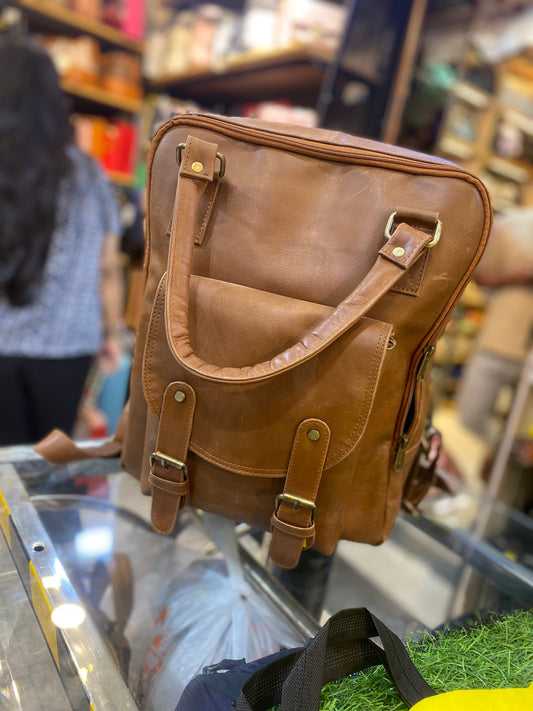 Tan Colour With Plain Design Genuine Leather Premium Quality Backpack 44406