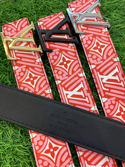 Vl UOL Red Colour Monogram Print Premium Quality Metal Buckle Men’s Belt 112310