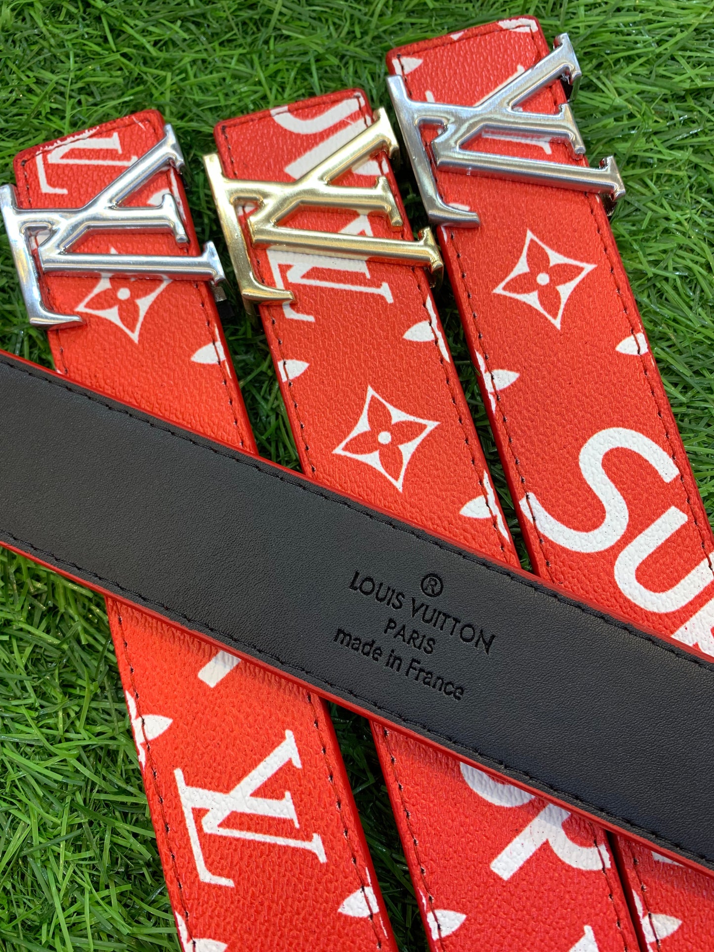 Vl UOL Red Colour Supreme Monogram Print Premium Quality Metal Buckle Men’s Belt 112311