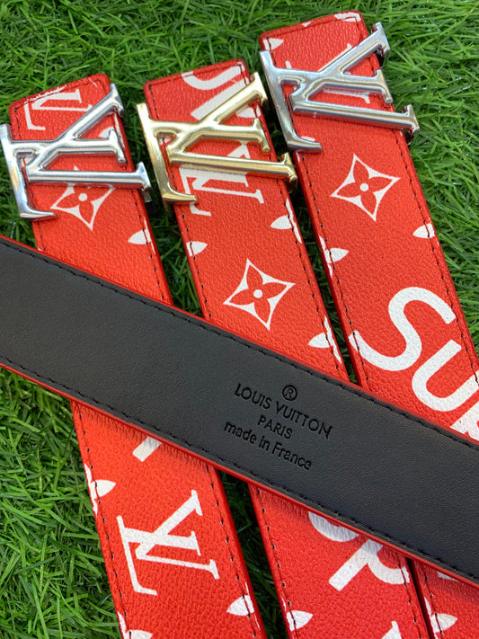Vl UOL Red Colour Supreme Monogram Print Premium Quality Metal Buckle Men’s Belt 112311