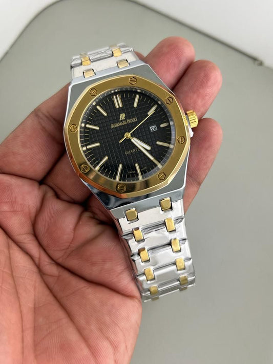 Dua Silver Gold Chain Black Dial Men Watch 901616