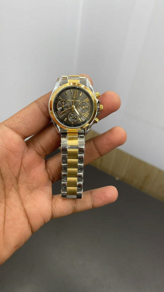 CIM Gold Silver Chain Gold Ring Black Dial Ladies Watch 901659