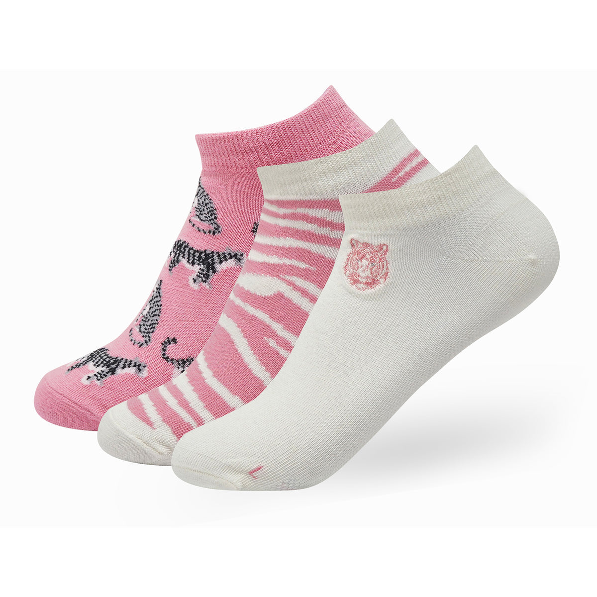 BALENZIA WOMEN'S WWF-INDIA WHITE & PINK LOWCUT SOCKS | 3-PACK | TIGER PRINT & EMBROIDERY