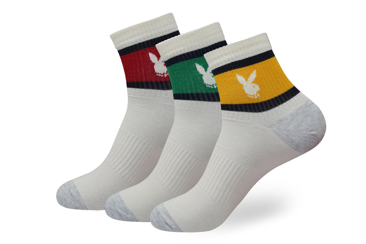 BALENZIA MEN'S PLAYBOY OFF-WHITE HIGH ANKLE SOCKS | 3-PACK | FREE SIZE