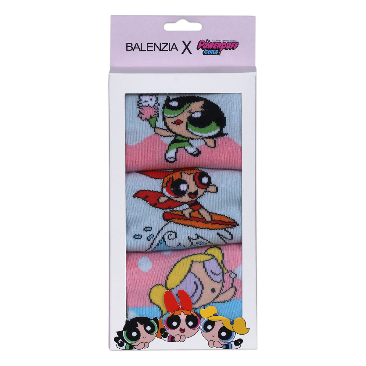 POWERPUFF GIRLS BY BALENZIA LOWCUT SOCKS GIFT PACK FOR WOMEN (PACK OF 3 PAIRS/1U)(FREESIZE)PINK,BLUE
