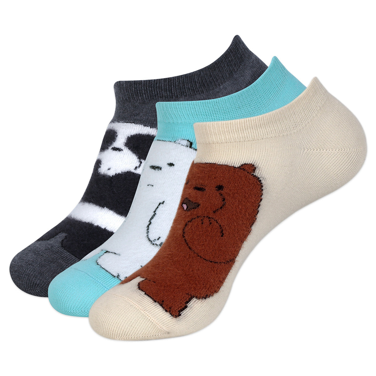 WE BARE BEARS BY BALENZIA FUR LOWCUT SOCKS GIFT PACK FOR WOMEN (PACK OF 3 PAIRS/1U)(FREESIZE) D.GREY,WHITE,BROWN