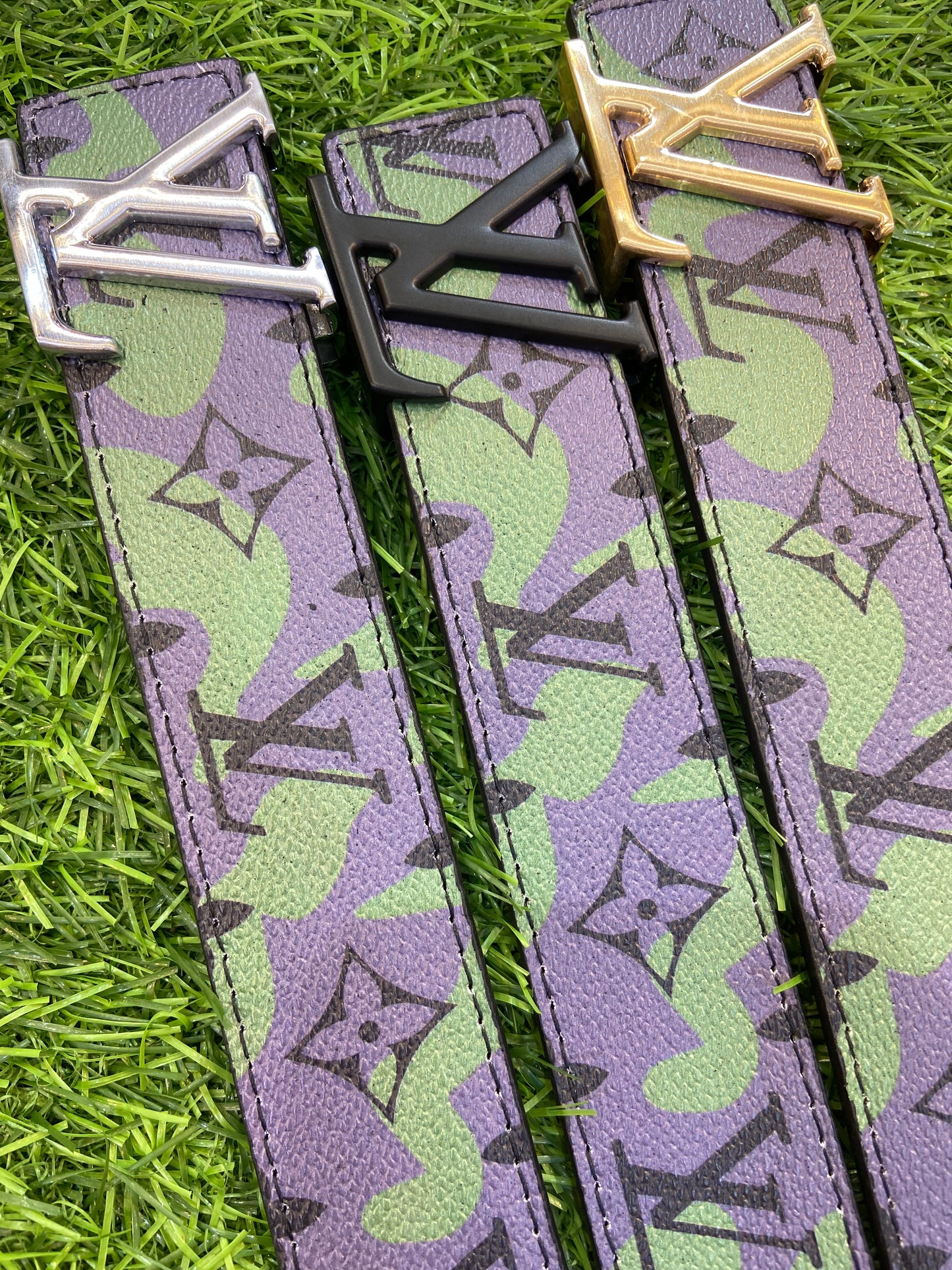 Vl UOL Purple Green Colour Monogram Print Premium Quality Metal Buckle Men’s Belt 112301